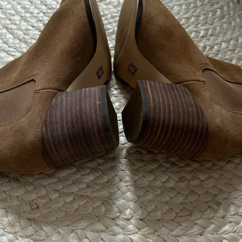 Anne Klein booties boots women’s suede leather upper ankle heel 8 beige tan li - Picture 7 of 10